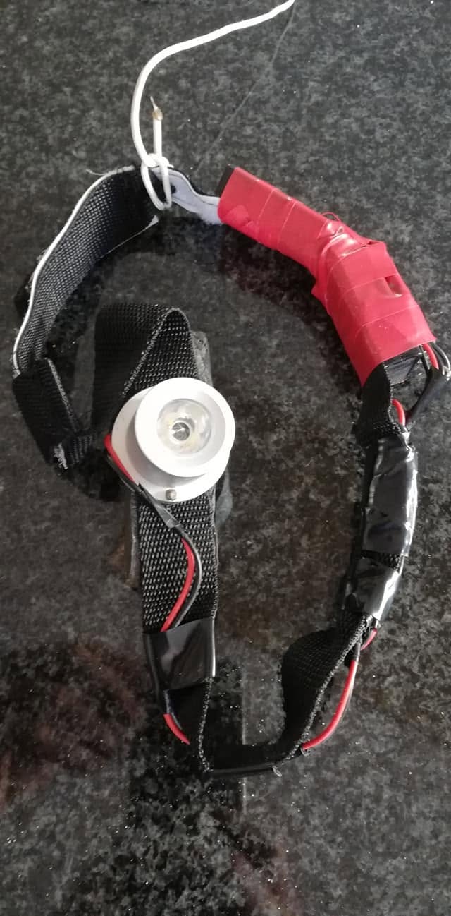 Home-made head torch (thanks Ralph Teulings) using two 9V batteries taped to the strap