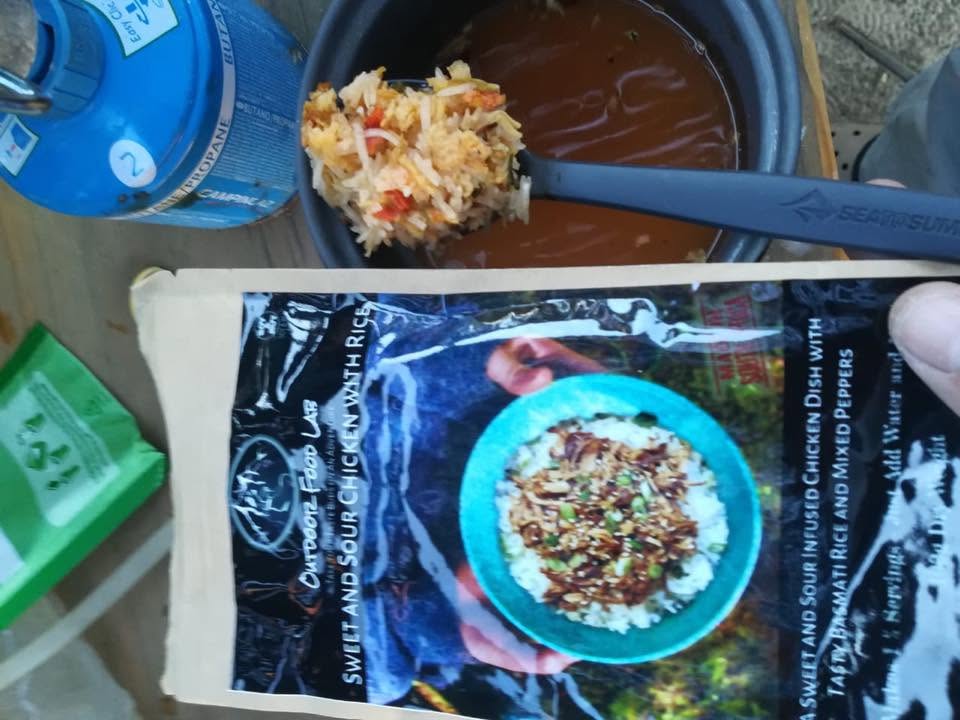 Freeze-dried sweet and sour chicken dinner after the day's paddle