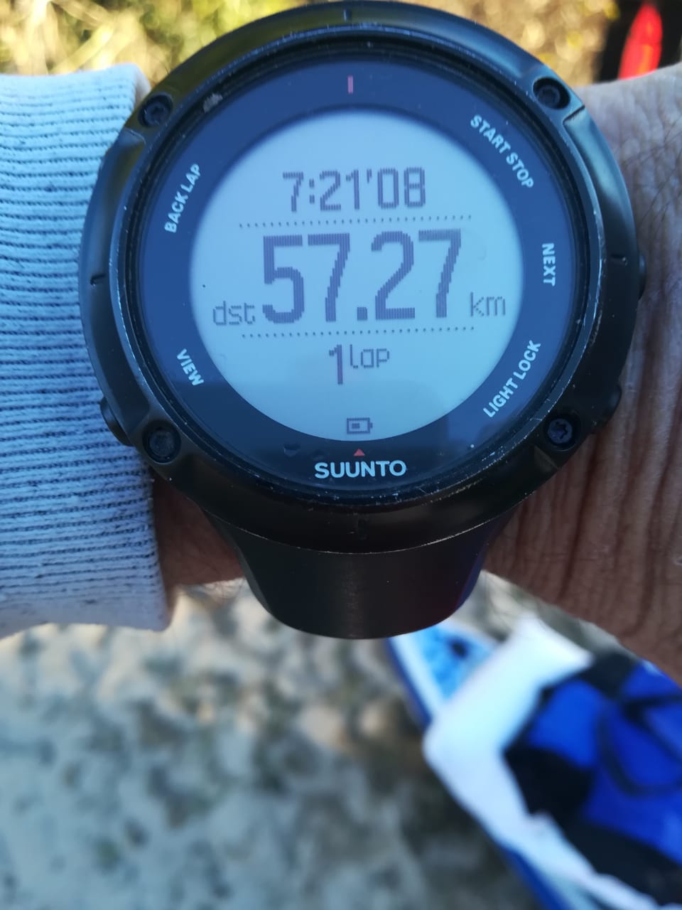 GPS watch reading 57.27km at the end of day 1