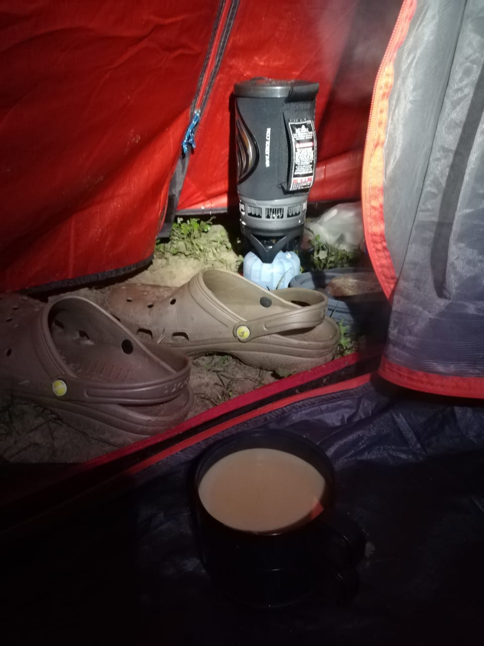 Morning coffee inside the tent