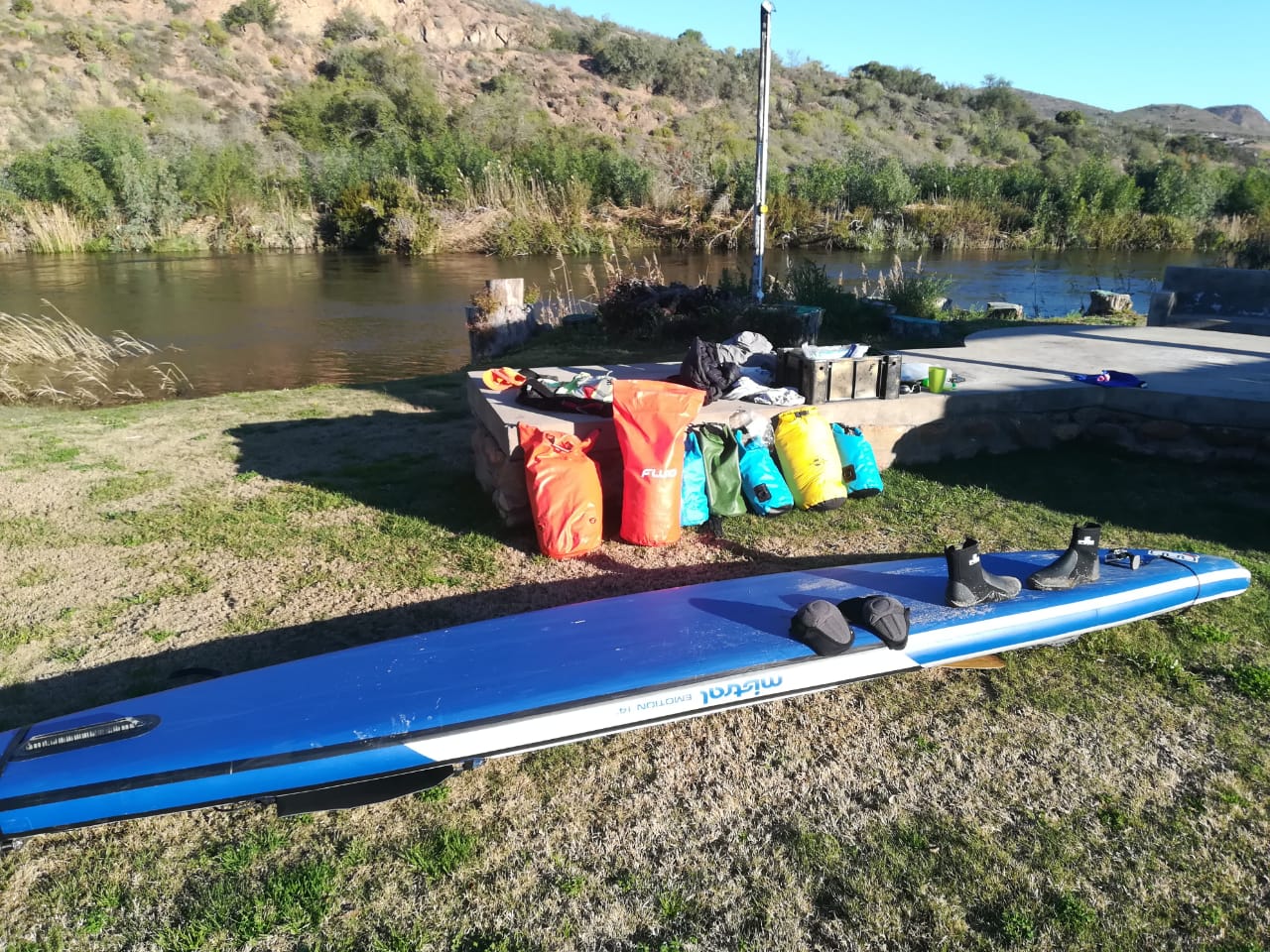 Gear drying out on the riverbank on day 2
