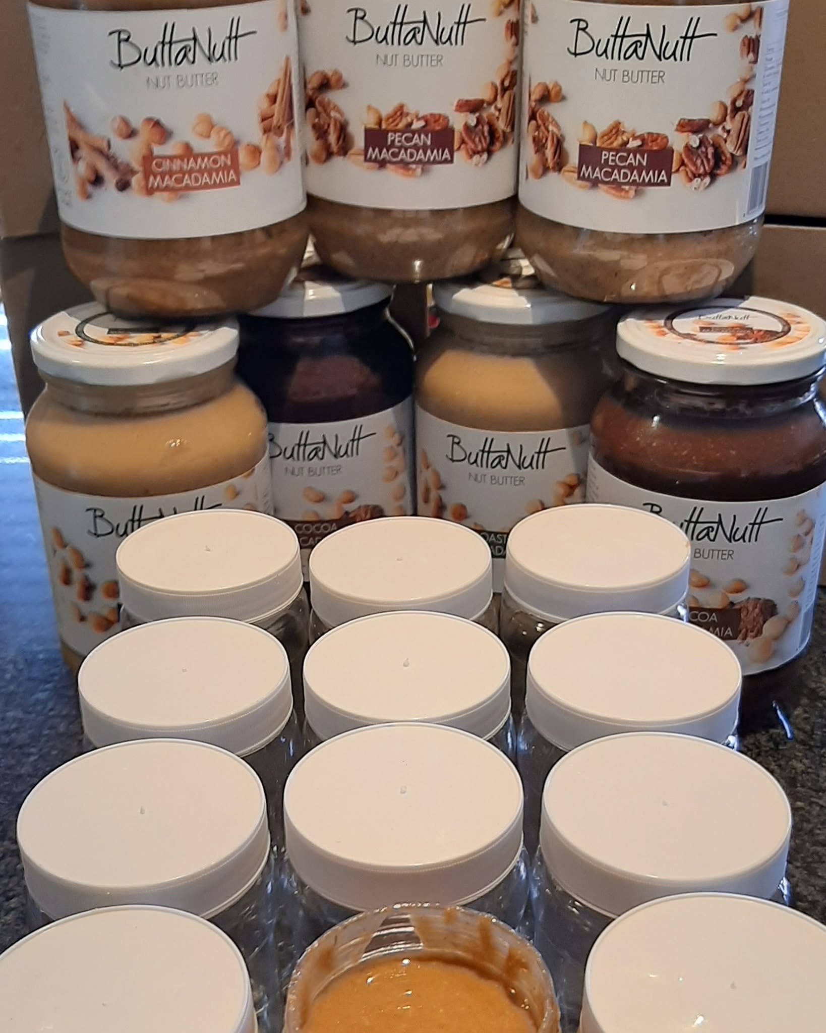 ButtaNutt nut butter jars decanted into containers